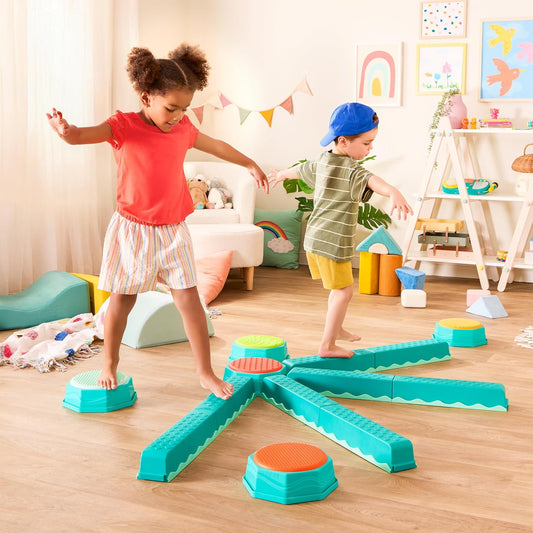 B. toys – Balance Beam for Kids – Interlocking Balancing Beams – 5 Sensory Pads & 8 Beams – Active Play for Toddlers, Kids – 3+ Years– Balance & Build Set